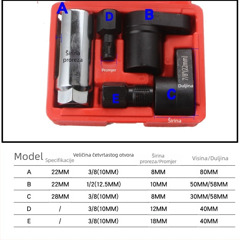 Set od 5 komada: alat za demontažu kućišta senzora kisika, 22 mm