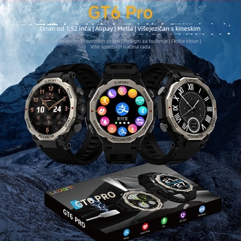 GT6 Pro Pametni sat – okrugli TFT zaslon, silikon remen, praćenje sna, Bluetooth veza, bežično punjenje