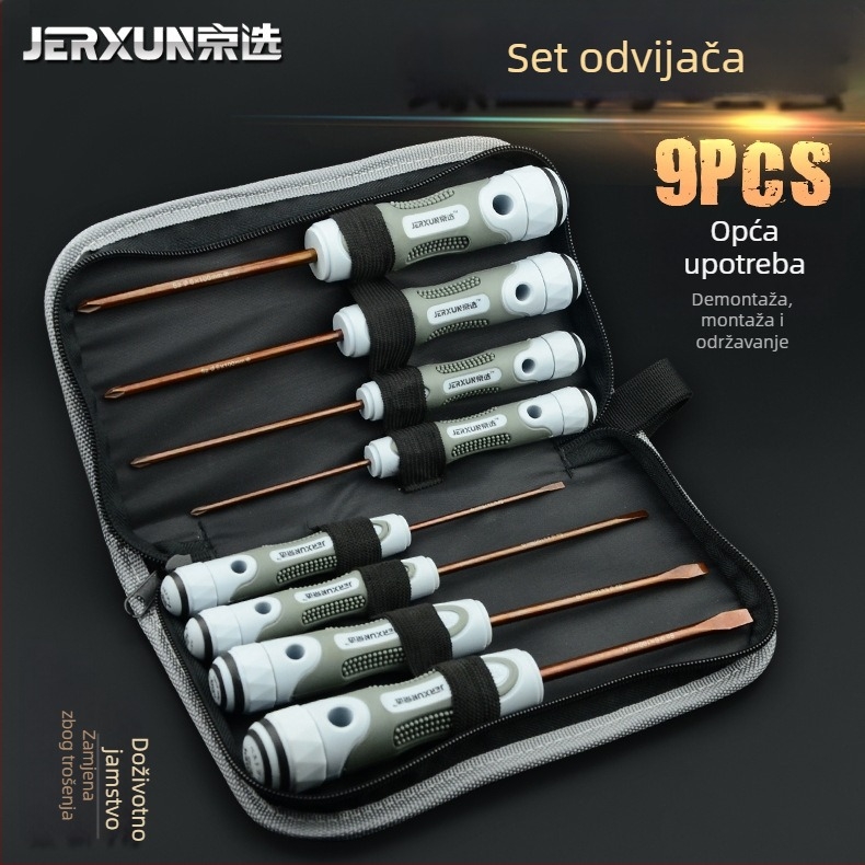 JERXUN S2 set odvijača, 9 kom, magnetski, S2 alatna čelica, Philips, Pozidriv, ravni odvijač, višenamjenski