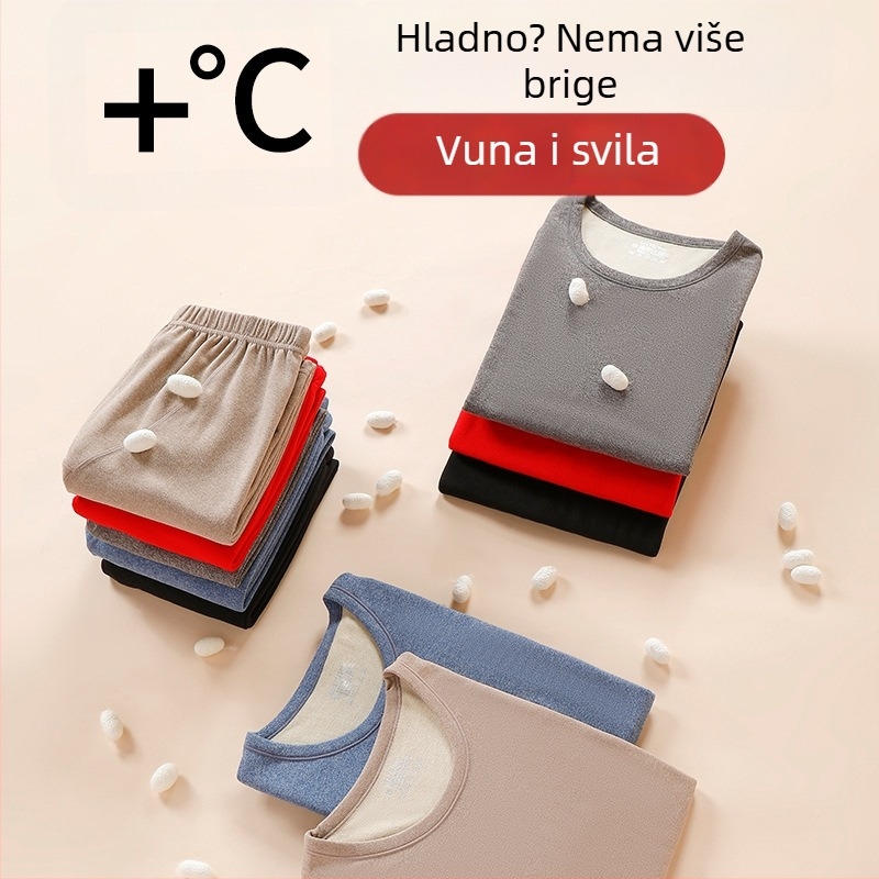 Termalni set za tinejdžere za mladiće muškarce od vune i svile s baršunom – jednobojni, topli zimi, top s dugim rukavima i hlače
