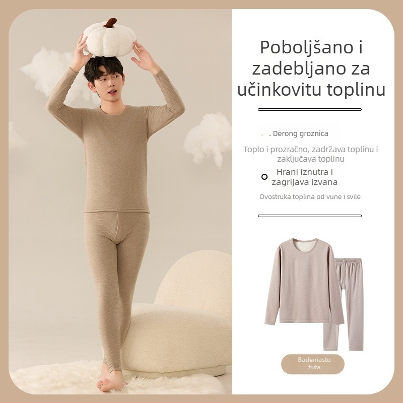 Termalni set za tinejdžere za mladiće muškarce od vune i svile s baršunom – jednobojni, topli zimi, top s dugim rukavima i hlače