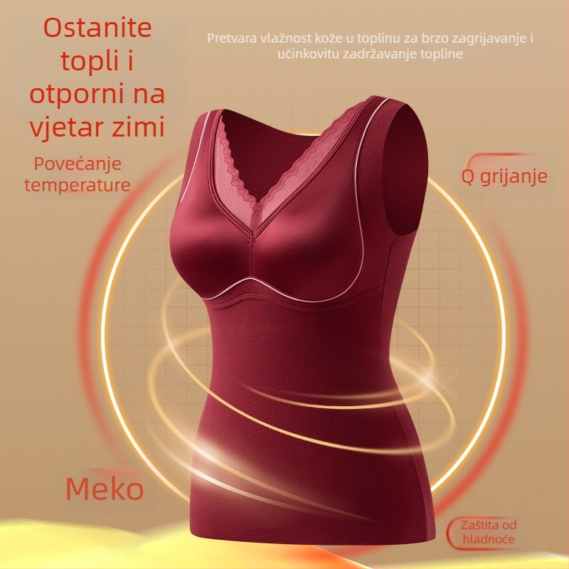 Termalna vesta s integriranim napunjenim košaricama, satenska mrežasta tkanina, V-izrez, dvostruki sloj, oblikuje tijelo