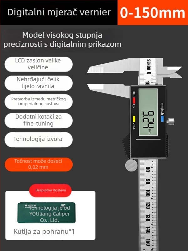 Industrijski vernier mjerni alat s digitalnim zaslonom, nehrđajući čelik, točnost 0,02 mm