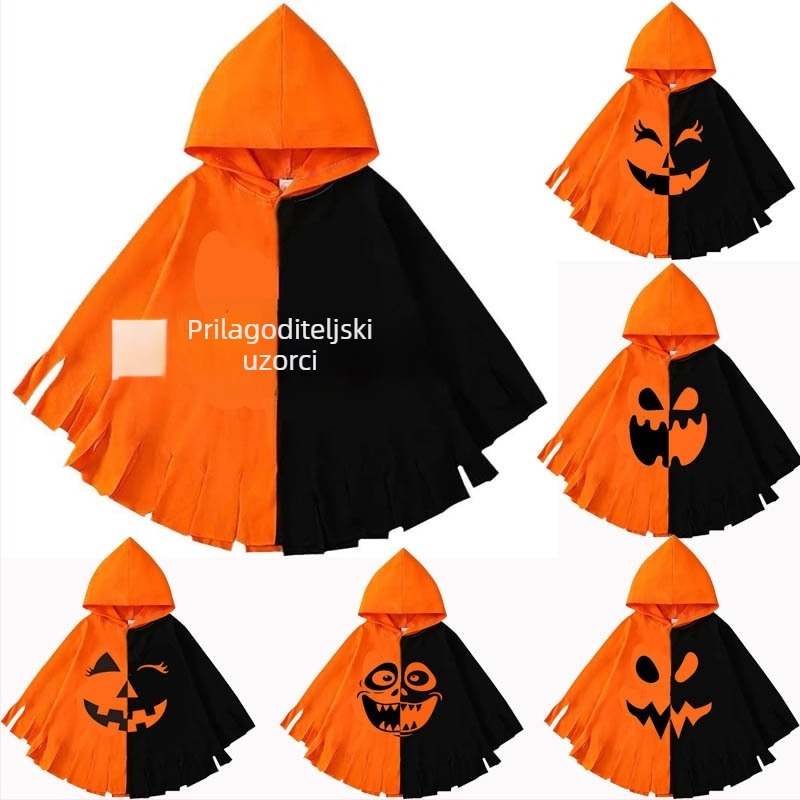 Dječji kapuljačasti plašt s motivom bundeve za Halloween – Tiskani scenški cosplay kostim (Ljeto 2025)