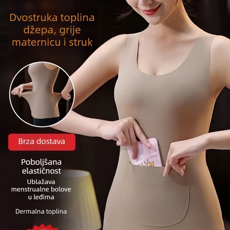 Ženski termalni prsluk s dva džepa, prednji i stražnji džep, flis podstava, bazni sloj za jesen-zimu uz zaštitu struka