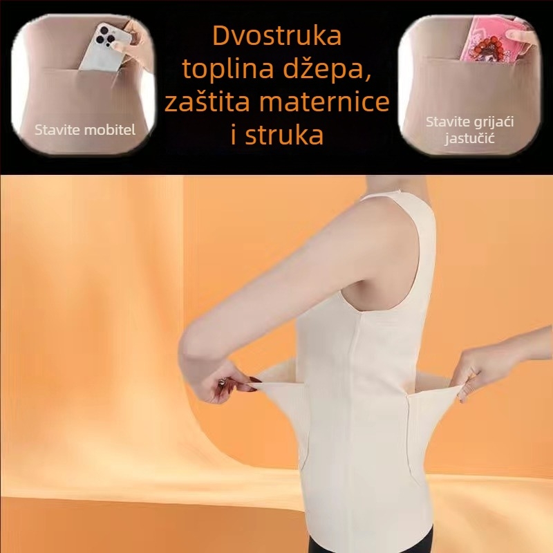 Ženski termalni prsluk s dva džepa, prednji i stražnji džep, flis podstava, bazni sloj za jesen-zimu uz zaštitu struka