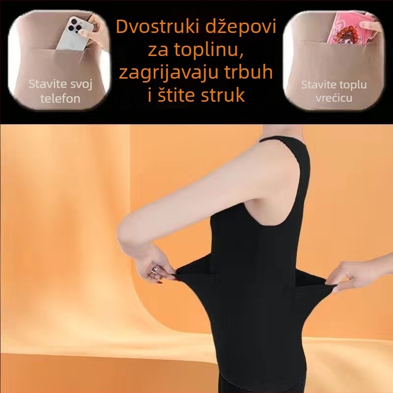 Ženski termalni prsluk s dva džepa, prednji i stražnji džep, flis podstava, bazni sloj za jesen-zimu uz zaštitu struka