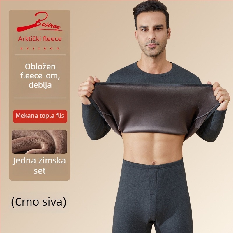 Muški grijani termalni komplet donjeg rublja, poliester vlakno, fleec podstava, ekstra debeli, dvostruki sloj, dugi rukav top i hlače