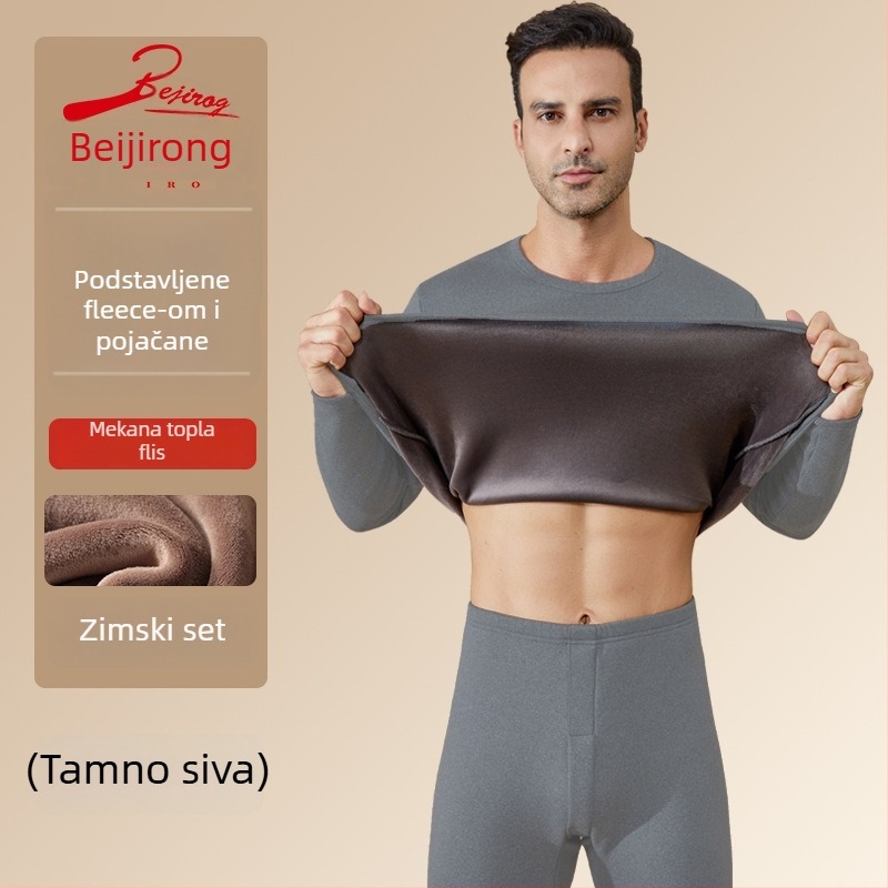 Muški grijani termalni komplet donjeg rublja, poliester vlakno, fleec podstava, ekstra debeli, dvostruki sloj, dugi rukav top i hlače