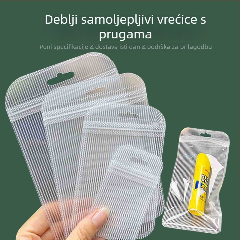 Dugački trakasti pakirni vrećica sa samouzavršavanjem, matna prozirna, prugast dizajn; materijal: mat film + CPP + PET; pogodna za ambalažu nakita