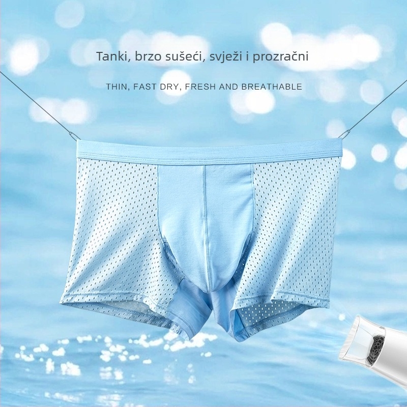 Muške boxerice od ice silk, prozračne mrežaste, brzo suše, srednji pojas, podstava prepona od viskoze 90–95%