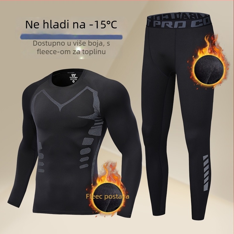 Muški termalni set donjeg rublja s flis podstavom, dvostruka konstrukcija, iznimno debeli materijal (501-600 g/m²), dugi rukavi gornjeg dijela i hlače, okrugli ovratnik