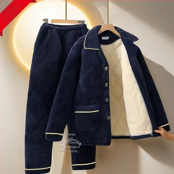 Muški zimski set pidžama s fleecem u podstavom, debeli prešiveni tro-sloj pamučni kaput, topli flanel kućni outfit
