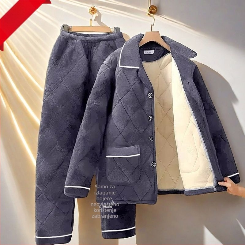 Muški zimski set pidžama s fleecem u podstavom, debeli prešiveni tro-sloj pamučni kaput, topli flanel kućni outfit