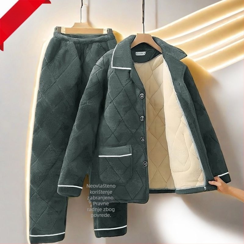 Muški zimski set pidžama s fleecem u podstavom, debeli prešiveni tro-sloj pamučni kaput, topli flanel kućni outfit