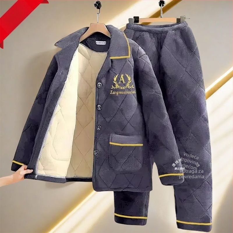 Muški zimski set pidžama s fleecem u podstavom, debeli prešiveni tro-sloj pamučni kaput, topli flanel kućni outfit