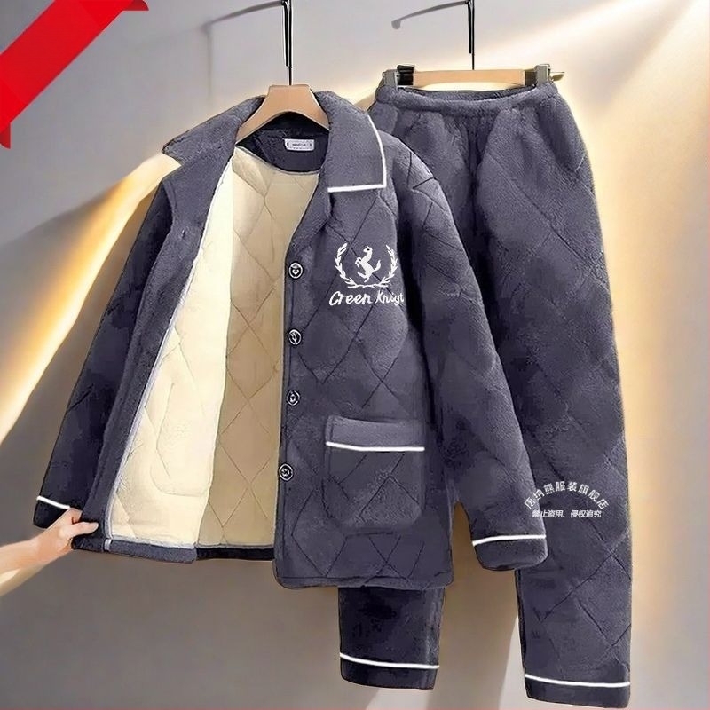 Muški zimski set pidžama s fleecem u podstavom, debeli prešiveni tro-sloj pamučni kaput, topli flanel kućni outfit