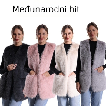 Gilet od umjetnog krzna s V-izrezom, poliester, slobodan kroj, srednja duljina (Materijal: Poliester; Glavni materijal: Umjetno krzno; V-izrez: V-izrez; Kroj: Slobodan; Duljina: Srednja)