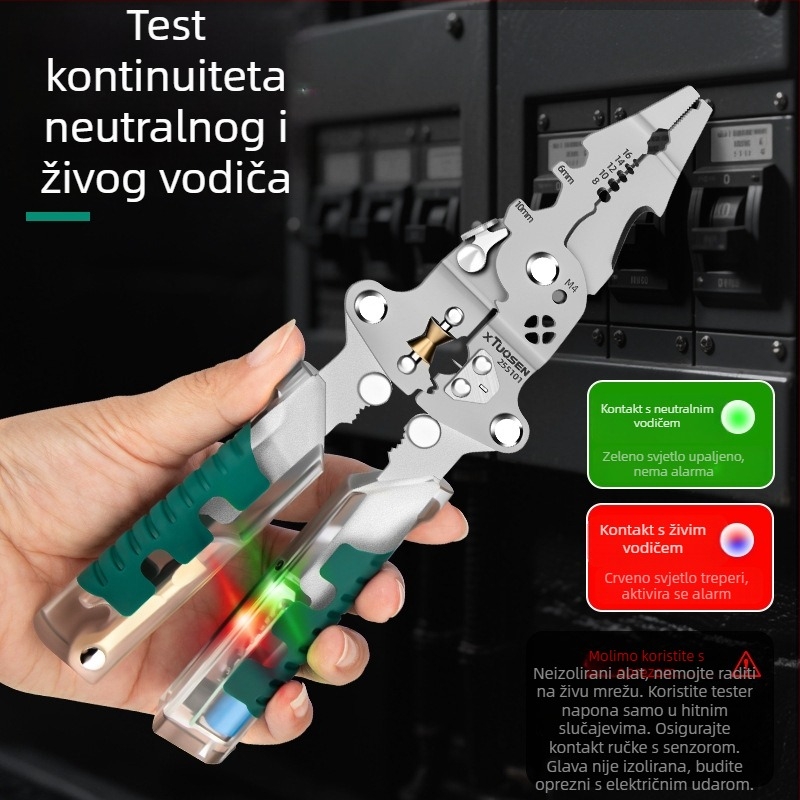 Tuosen električarske kliješte – višenamjenske kliješte za rezanje i skidanje izolacije, uvijanje kablova, test električne struje, sklopivi dizajn