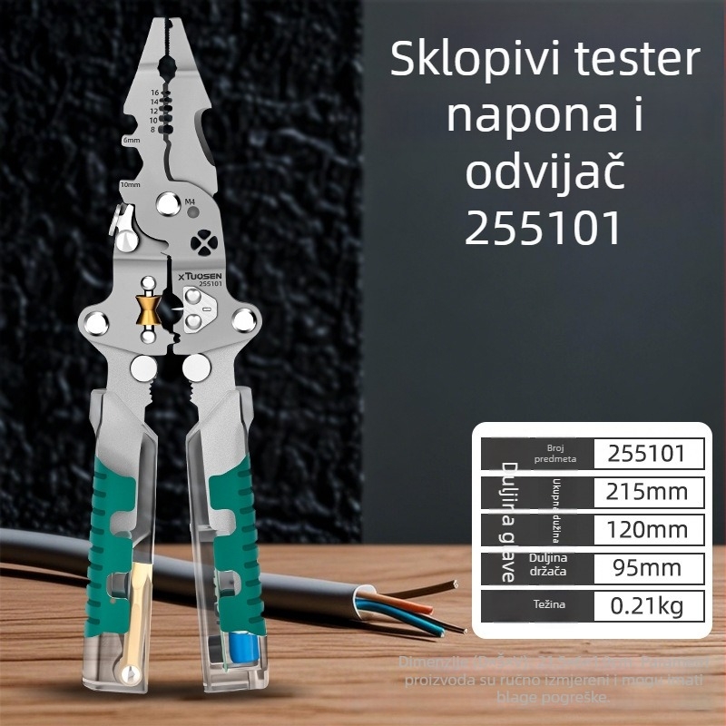 Tuosen električarske kliješte – višenamjenske kliješte za rezanje i skidanje izolacije, uvijanje kablova, test električne struje, sklopivi dizajn