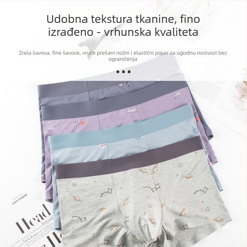 Muške bokserice od modalnog materijala, srednji pojas, prozračne, otisci životinje, geometrijski, crtani likovi, biljni motivi, 90–95% modal