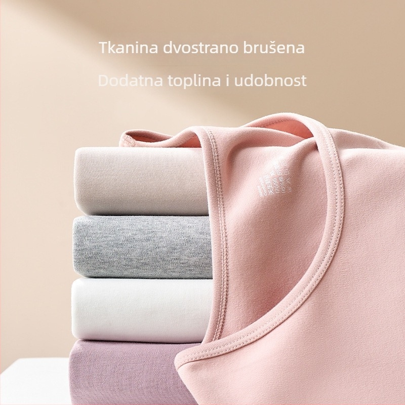Ženski pamučni termični top, debeo flis, antibakterijski, dvostrano četkan, uski kroj, okrugli izrez, bazni sloj za zimu