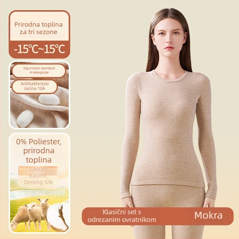 Ženski termalni komplet od akrilnih vlakana – izuzetno debeli 301–350 g/m², okrugli izrez, dugi rukavi, hlače