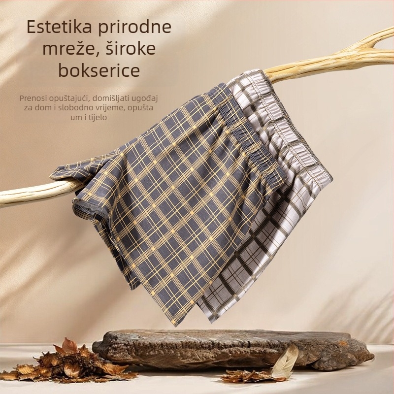 Muške pamučne bokserice kariranim uzorkom – srednji pojas, pletene, prozračne za kućnu i sportsku upotrebu