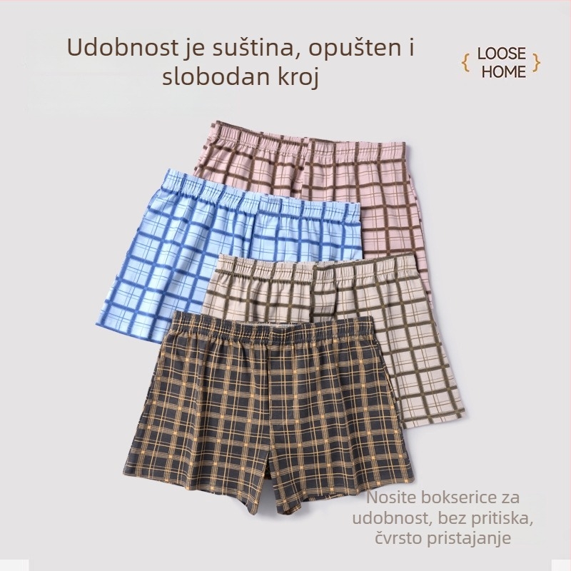 Muške pamučne bokserice kariranim uzorkom – srednji pojas, pletene, prozračne za kućnu i sportsku upotrebu