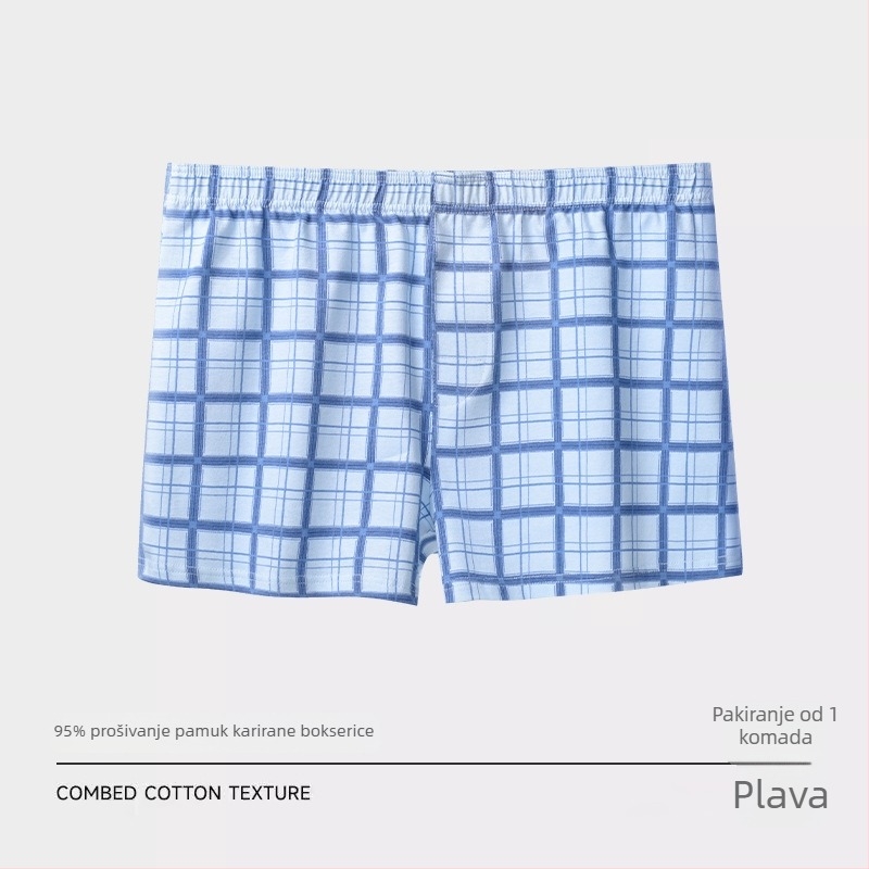 Muške pamučne bokserice kariranim uzorkom – srednji pojas, pletene, prozračne za kućnu i sportsku upotrebu