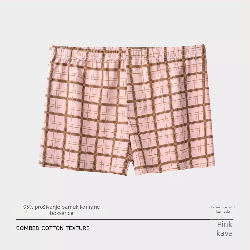 Muške pamučne bokserice kariranim uzorkom – srednji pojas, pletene, prozračne za kućnu i sportsku upotrebu