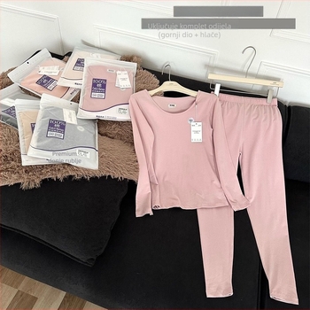 Ženski toplinski komplet od 100% pamuka – bazni sloj s dugim rukavom i hlače, 90–95% pamuk, gustoća 161–180 g/m², mekan na dodir, topao