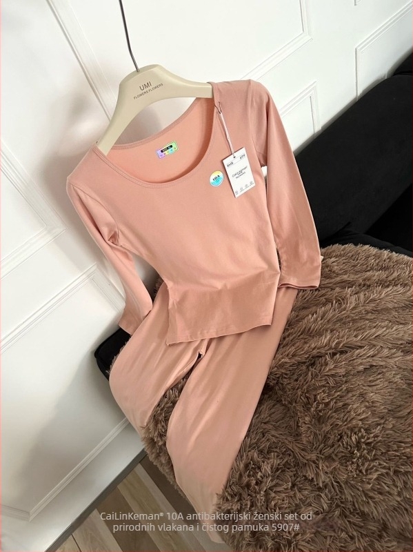 Ženski toplinski komplet od 100% pamuka – bazni sloj s dugim rukavom i hlače, 90–95% pamuk, gustoća 161–180 g/m², mekan na dodir, topao