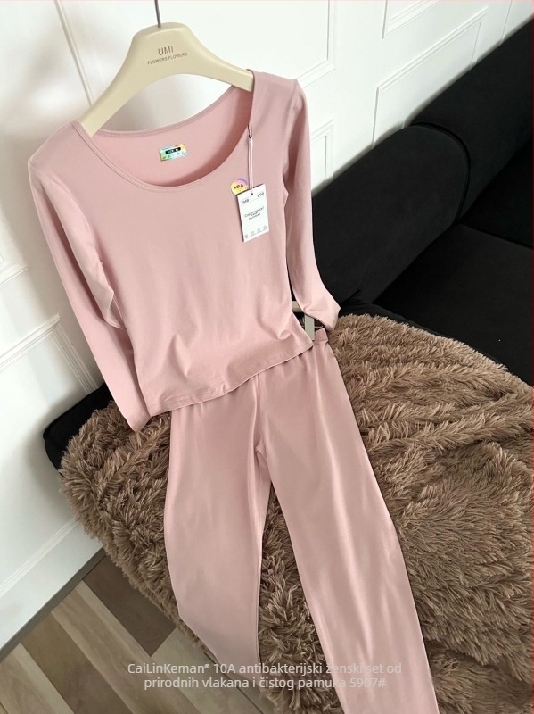 Ženski toplinski komplet od 100% pamuka – bazni sloj s dugim rukavom i hlače, 90–95% pamuk, gustoća 161–180 g/m², mekan na dodir, topao