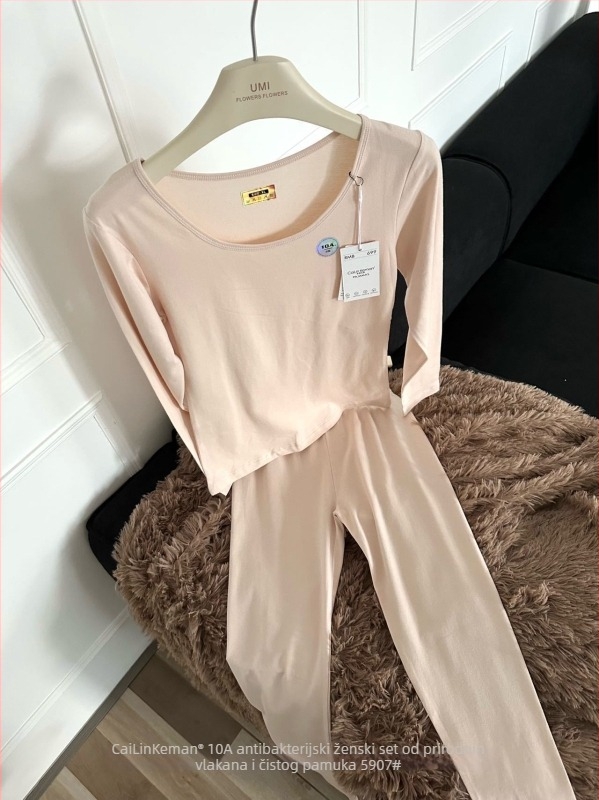 Ženski toplinski komplet od 100% pamuka – bazni sloj s dugim rukavom i hlače, 90–95% pamuk, gustoća 161–180 g/m², mekan na dodir, topao