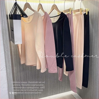 Ženski termalni set od vlakna kašmira-proteina, okrugli ovratnik, dvostruki sloj, debela tkanina, baršunasto podstava – gornji dio i hlače