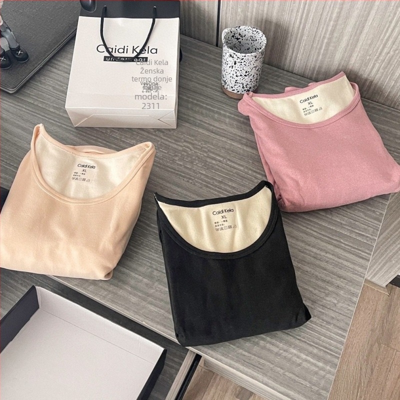 Ženski termalni set od vlakna kašmira-proteina, okrugli ovratnik, dvostruki sloj, debela tkanina, baršunasto podstava – gornji dio i hlače