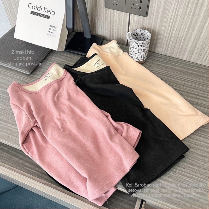 Ženski termalni set od vlakna kašmira-proteina, okrugli ovratnik, dvostruki sloj, debela tkanina, baršunasto podstava – gornji dio i hlače