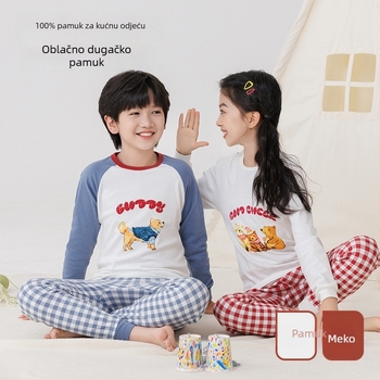 Dječji jesenji pamučni pijama set — okrugli izrez, dugi rukavi, hlače, 100% pamuk, debeli materijal, odvlaživanje vlage