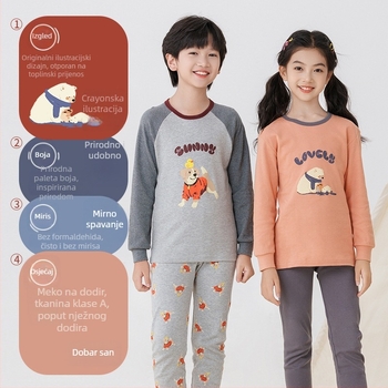 Dječji jesenji pamučni pijama set — okrugli izrez, dugi rukavi, hlače, 100% pamuk, debeli materijal, odvlaživanje vlage