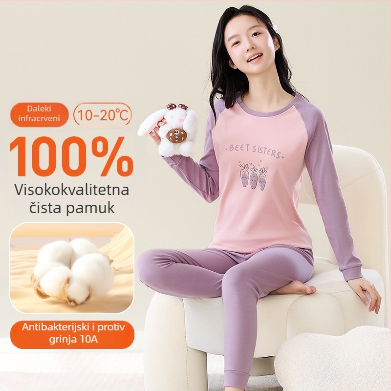 Dječji jesenji pamučni pijama set — okrugli izrez, dugi rukavi, hlače, 100% pamuk, debeli materijal, odvlaživanje vlage