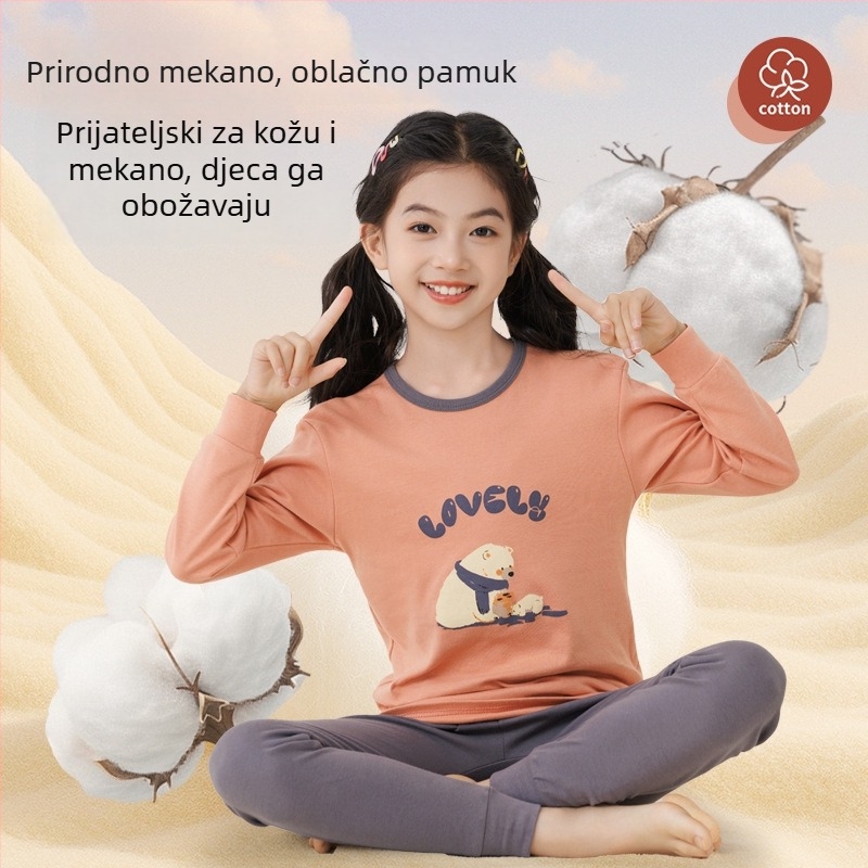 Dječji jesenji pamučni pijama set — okrugli izrez, dugi rukavi, hlače, 100% pamuk, debeli materijal, odvlaživanje vlage