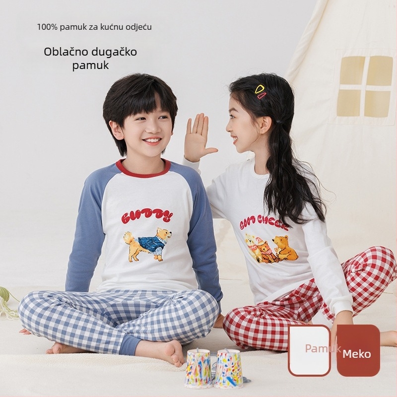Dječji jesenji pamučni pijama set — okrugli izrez, dugi rukavi, hlače, 100% pamuk, debeli materijal, odvlaživanje vlage