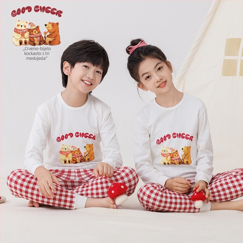 Dječji jesenji pamučni pijama set — okrugli izrez, dugi rukavi, hlače, 100% pamuk, debeli materijal, odvlaživanje vlage