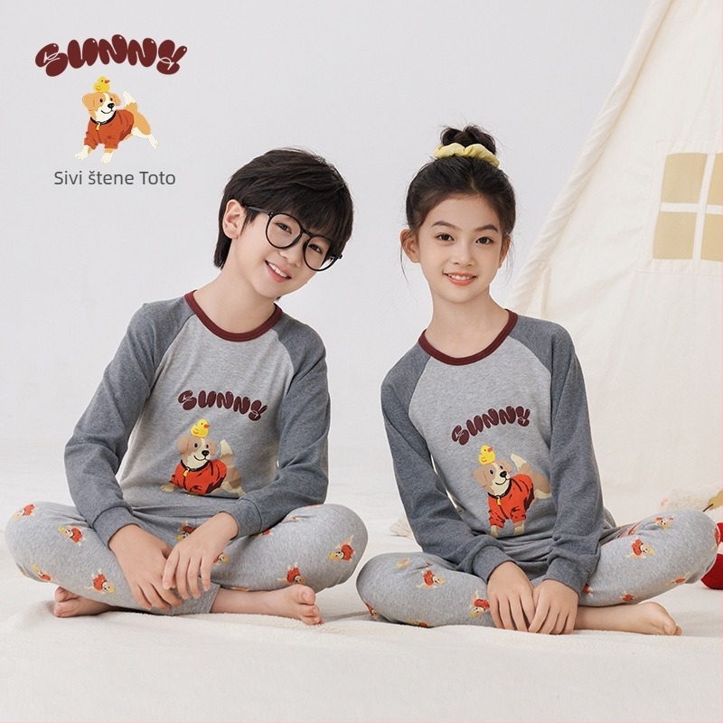 Dječji jesenji pamučni pijama set — okrugli izrez, dugi rukavi, hlače, 100% pamuk, debeli materijal, odvlaživanje vlage