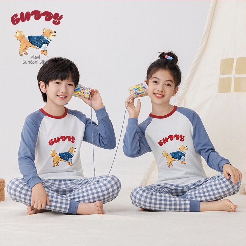 Dječji jesenji pamučni pijama set — okrugli izrez, dugi rukavi, hlače, 100% pamuk, debeli materijal, odvlaživanje vlage