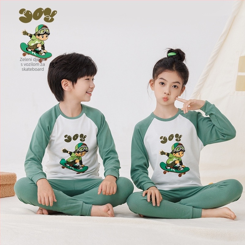 Dječji jesenji pamučni pijama set — okrugli izrez, dugi rukavi, hlače, 100% pamuk, debeli materijal, odvlaživanje vlage