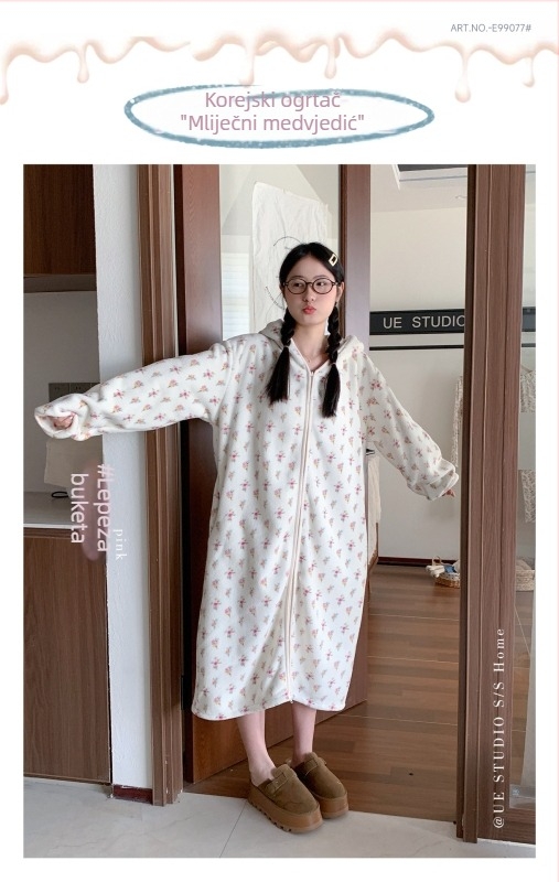 Korejski stil cvjetni set pidžama s kapuljačom od snježnog velura, debeli topli kućni outfit s džepovima