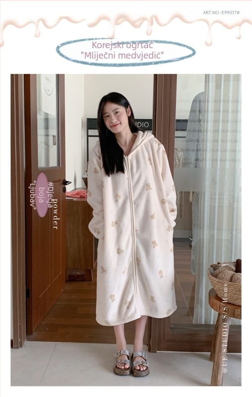Korejski stil cvjetni set pidžama s kapuljačom od snježnog velura, debeli topli kućni outfit s džepovima