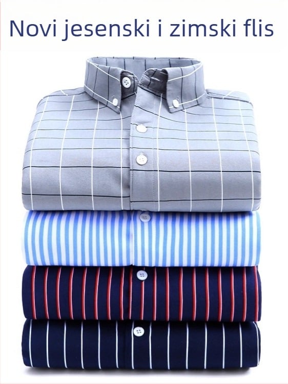 Muška prugasta termo košulja s flisom, bez glačanja, zimski stil